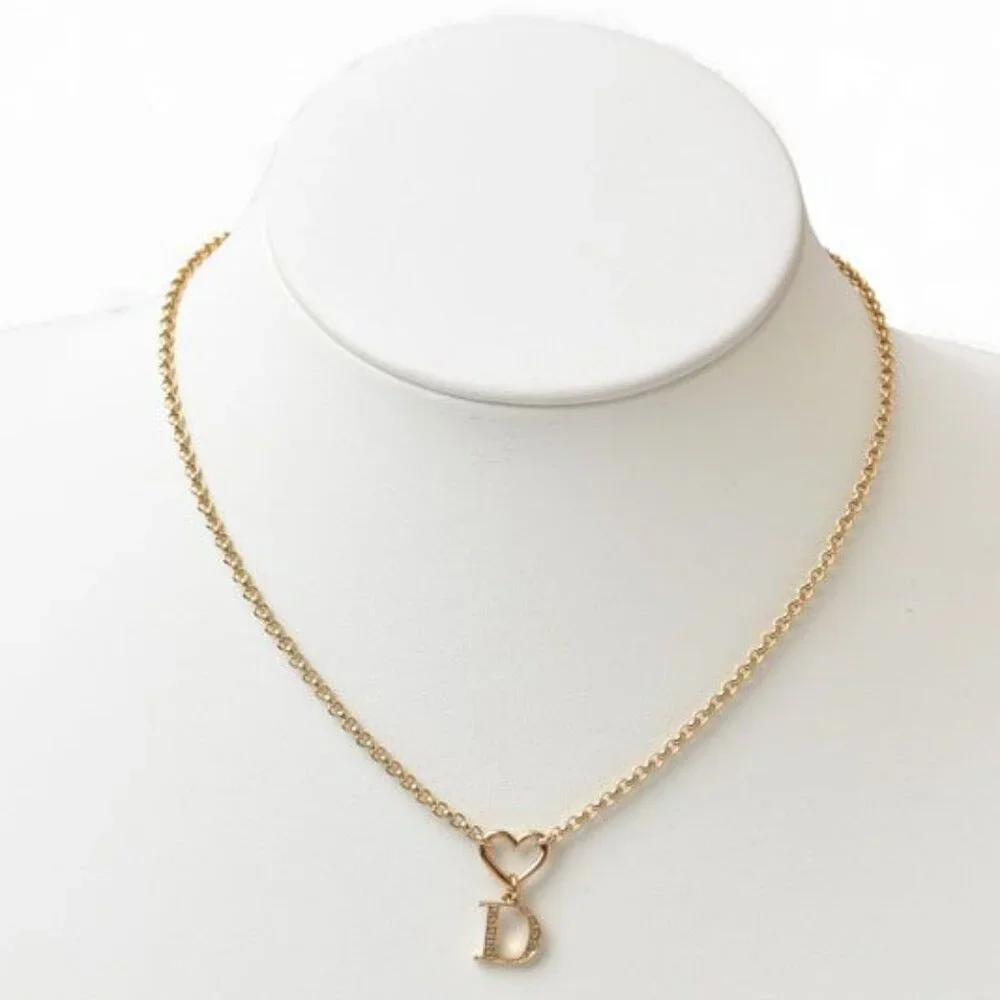 Christian Dior Necklace Logo Heart Gold Rhinestone - Picture 2 of 6